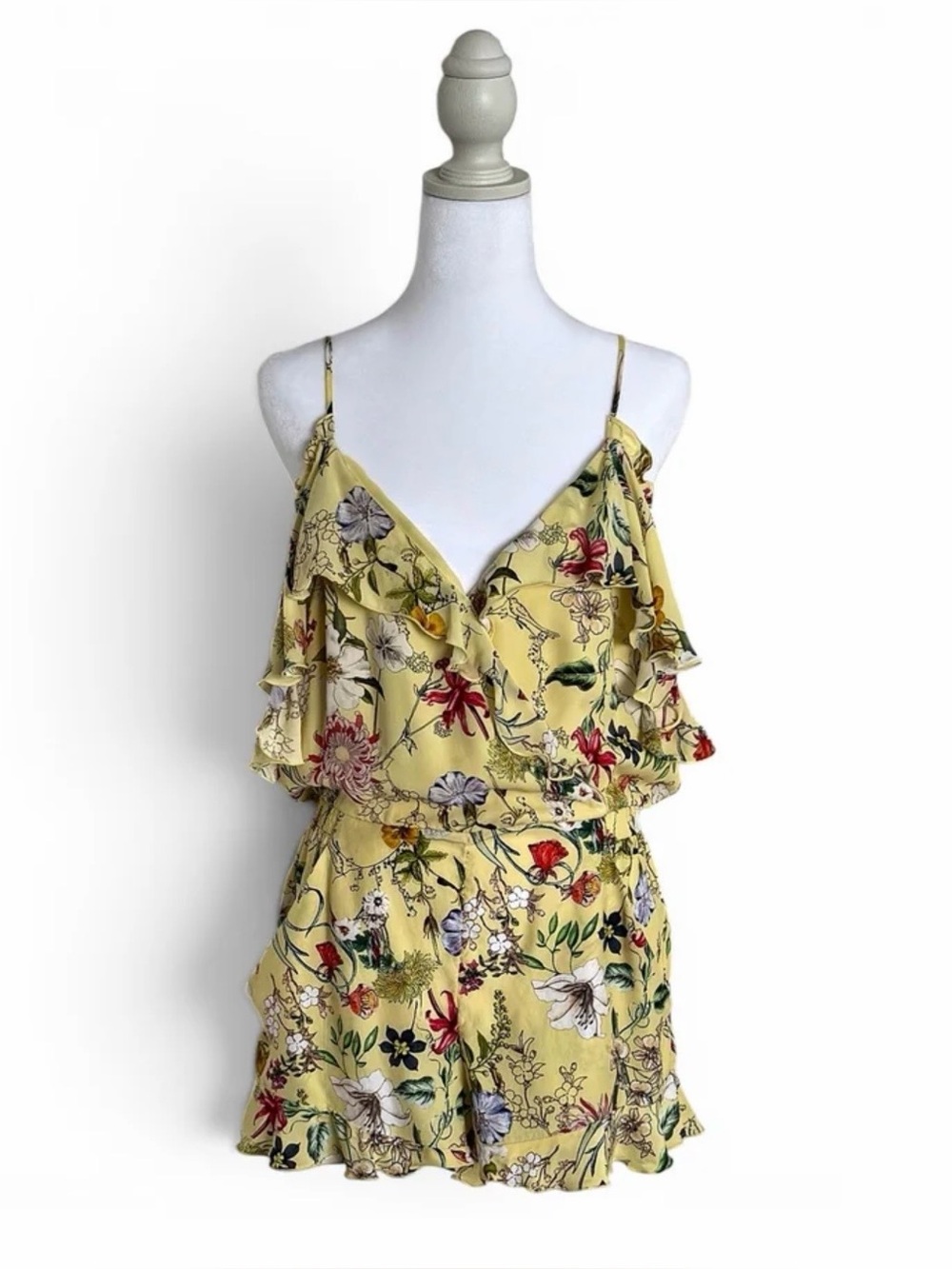 Parker Yellow Floral Ruffle Spaghetti-Strap Romper